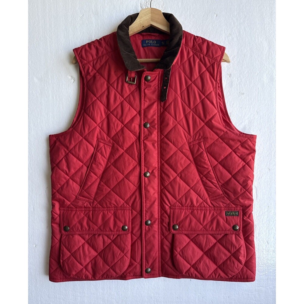 Polo Ralph Lauren Red Quilted Vest Brown Corduroy Collar Size XL Hunting Outdoor